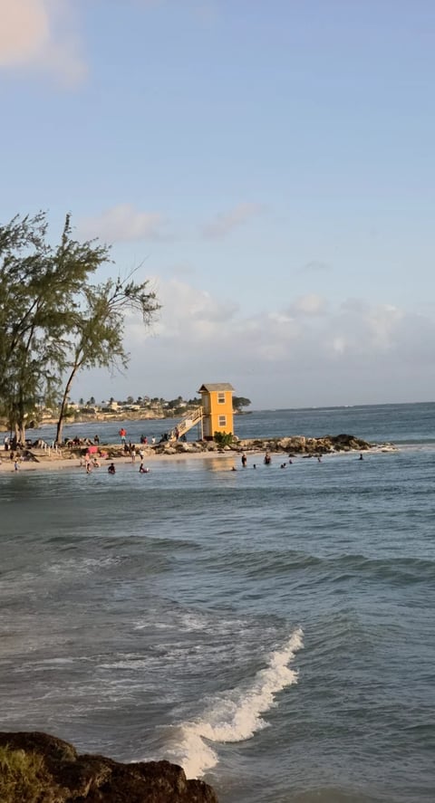Yellow beach hut on rocks in the ocean with swimmers nearby